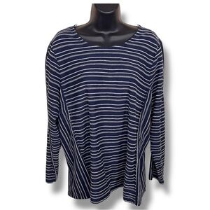 1X CJ Banks Blue White Striped Top Long Sleeve Coastal Preppy Cotton Blend